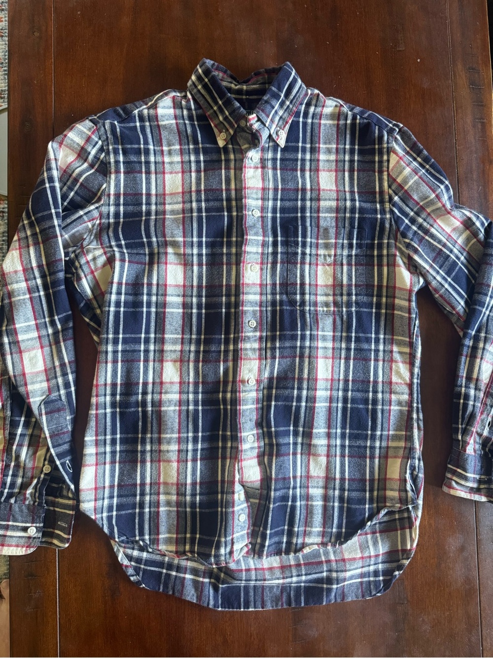 Men's Navy and White Plaid Button-Down Shirt